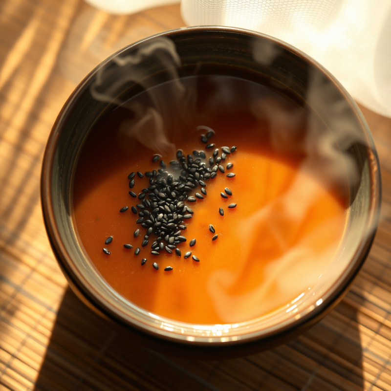 Steaming Bowl of Soup with Black Sesame Seeds