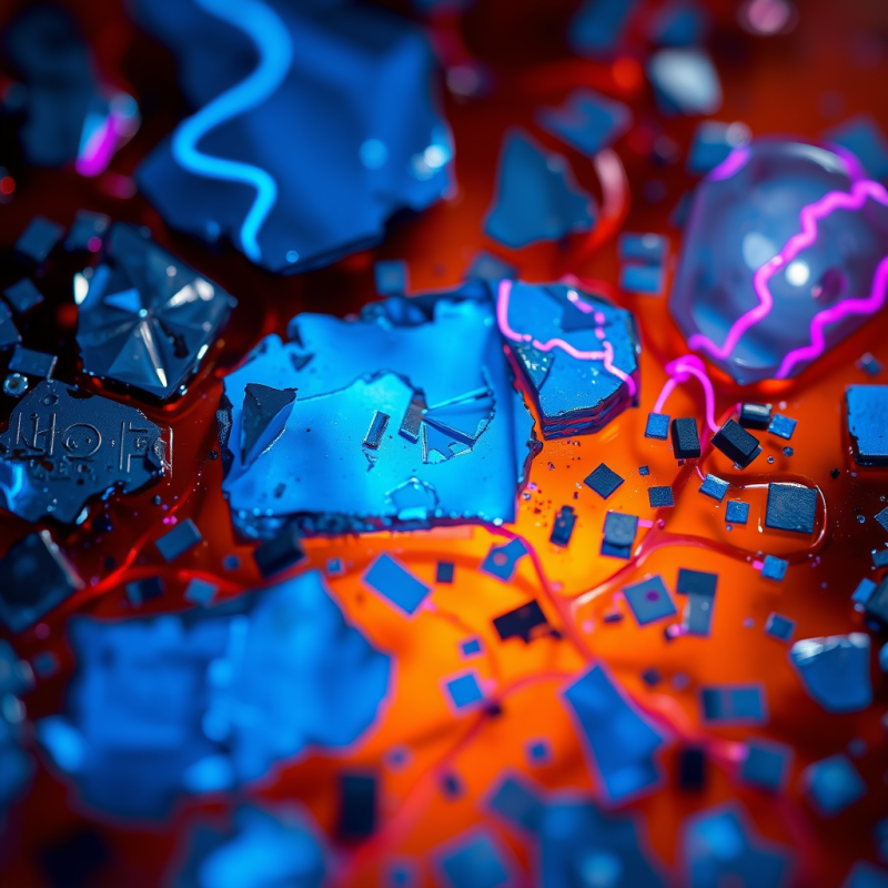 Glowing Blue Fragments on Vibrant Red Surface