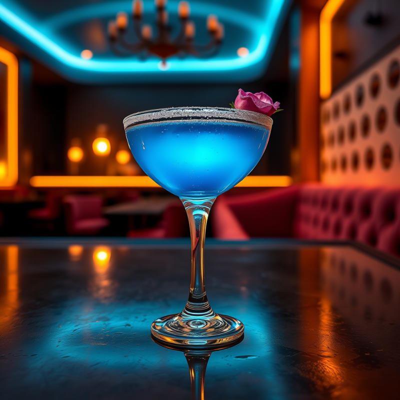 Blue Cocktail with Rose Garnish