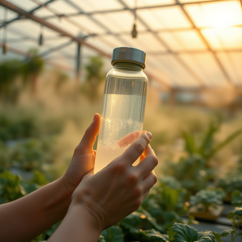 Hands Holding Water Bottle in Greenhouse