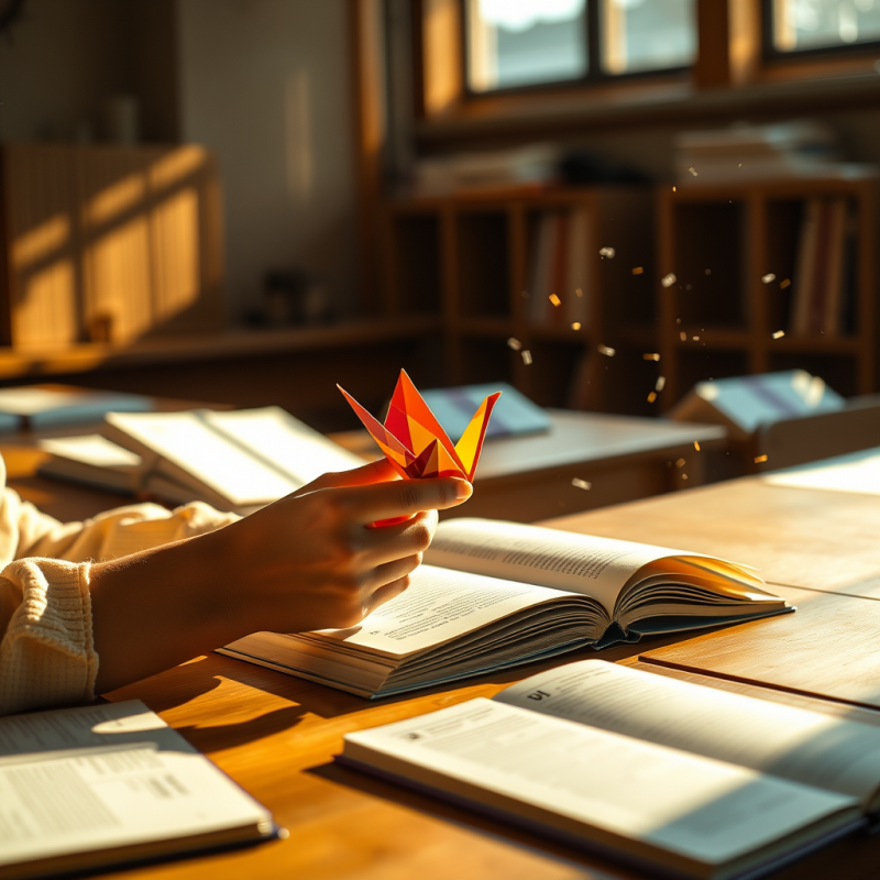 Student Holding Origami Crane Over Books