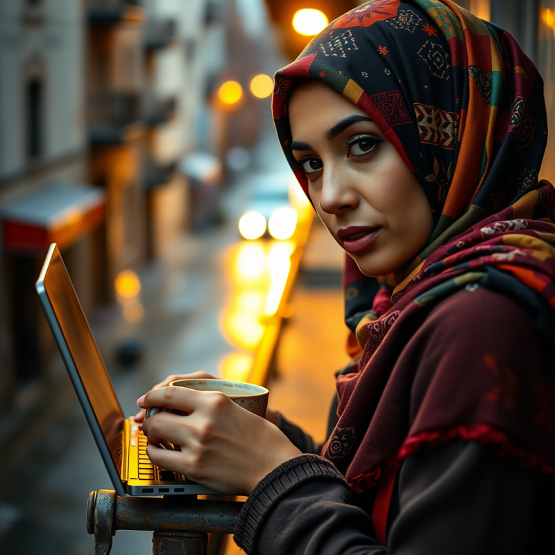Woman with Headscarf Using Laptop