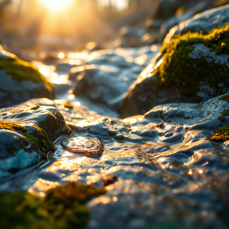 Sunlit Stream Over Mossy Rocks