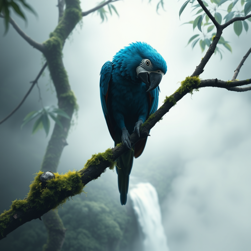 Blue Parrot on Mossy Branch