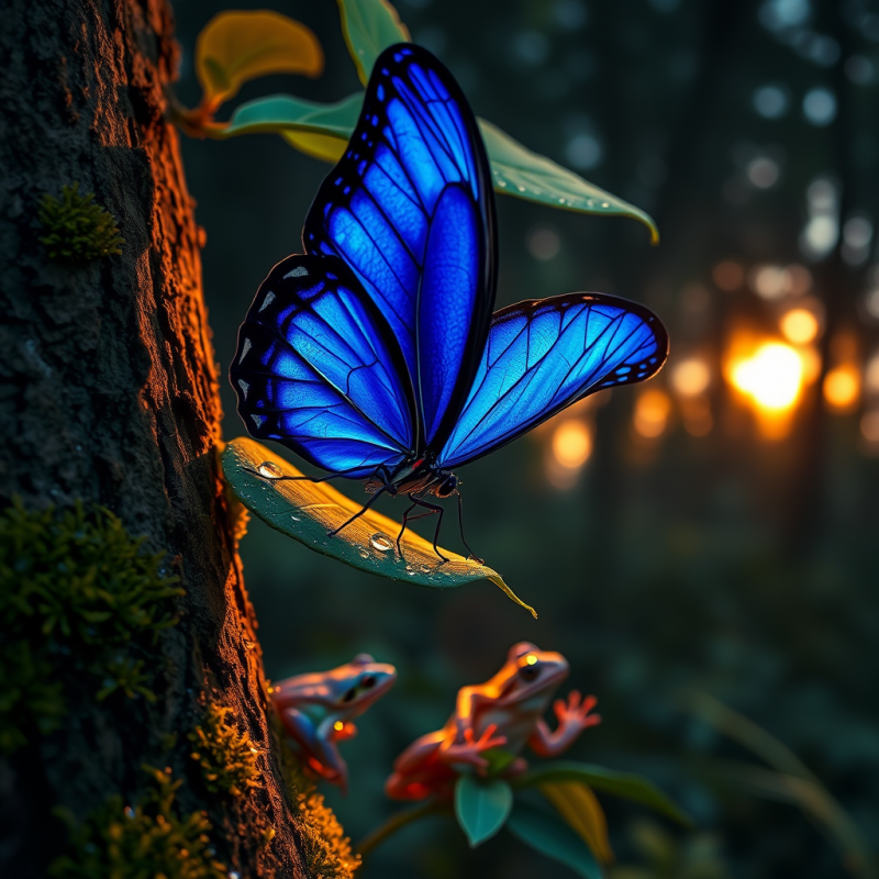 Blue Butterfly on Leaf with Frogs