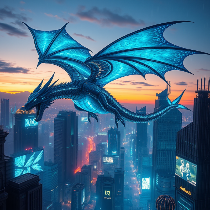Glowing Blue Dragon Over Cityscape