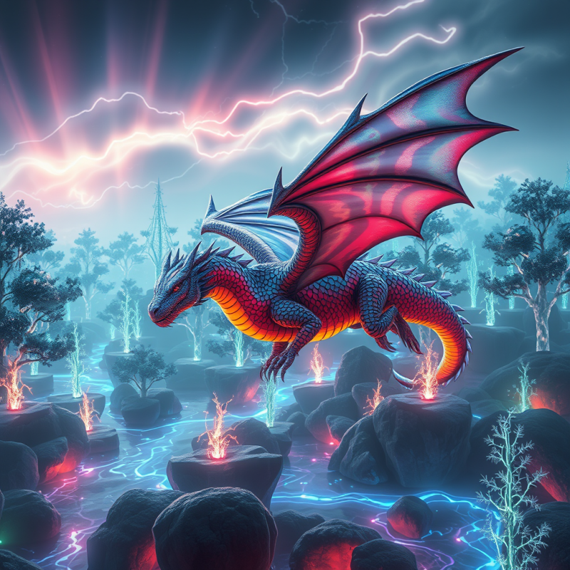 Dragon with Red Wings in Electric Storm
