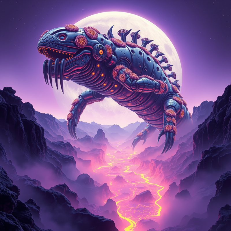 Cybernetic Lizard Flying Over Moonlit Canyon