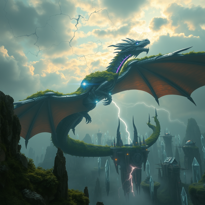 Giant Dragon Soaring Over Fantasy City