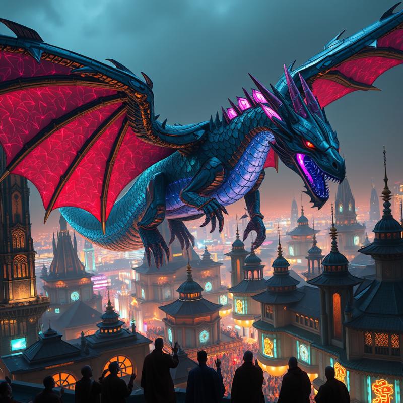 Glowing Dragon Soars Over City