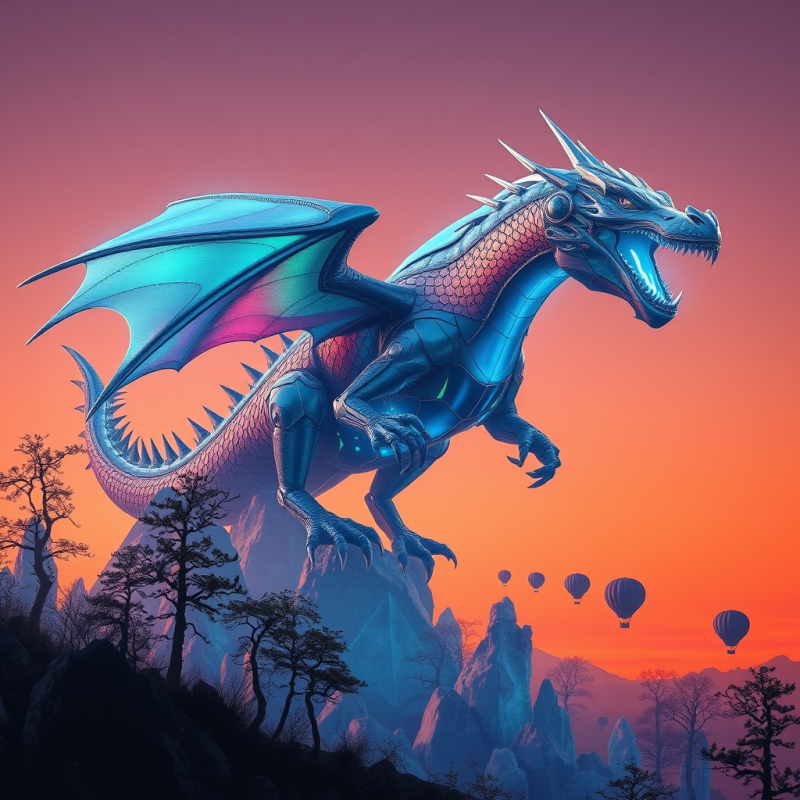 Cybernetic Dragon Soaring Over Mountains