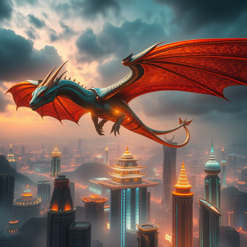 Dragon Soaring Over Futuristic City