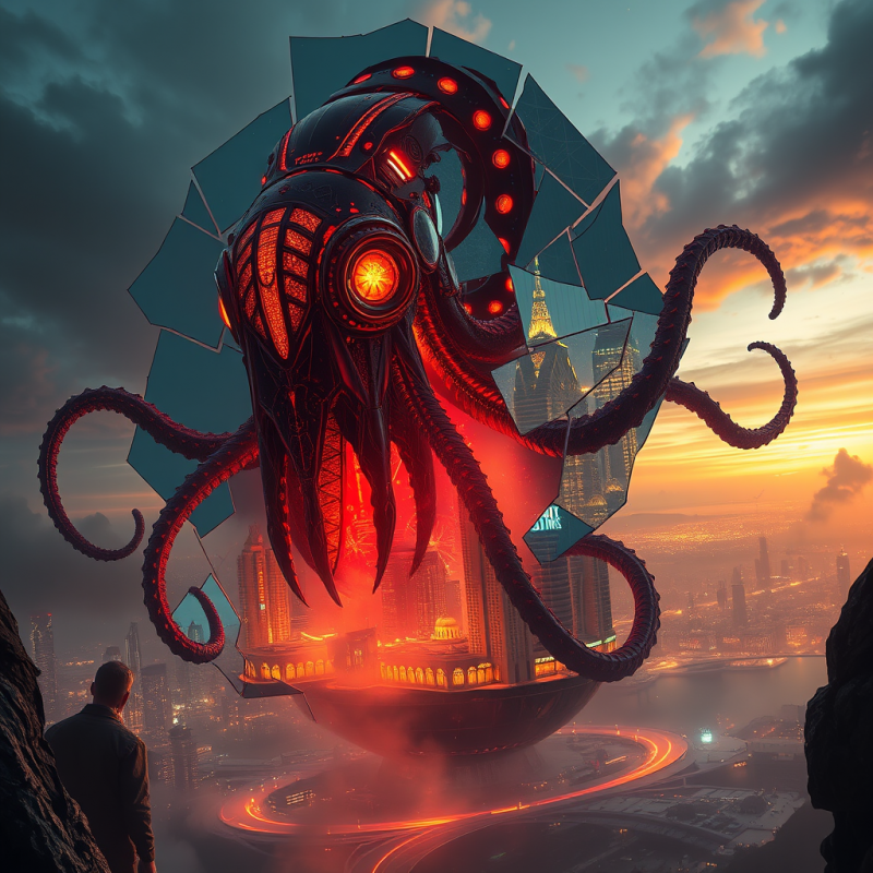 Giant Cybernetic Octopus Over City