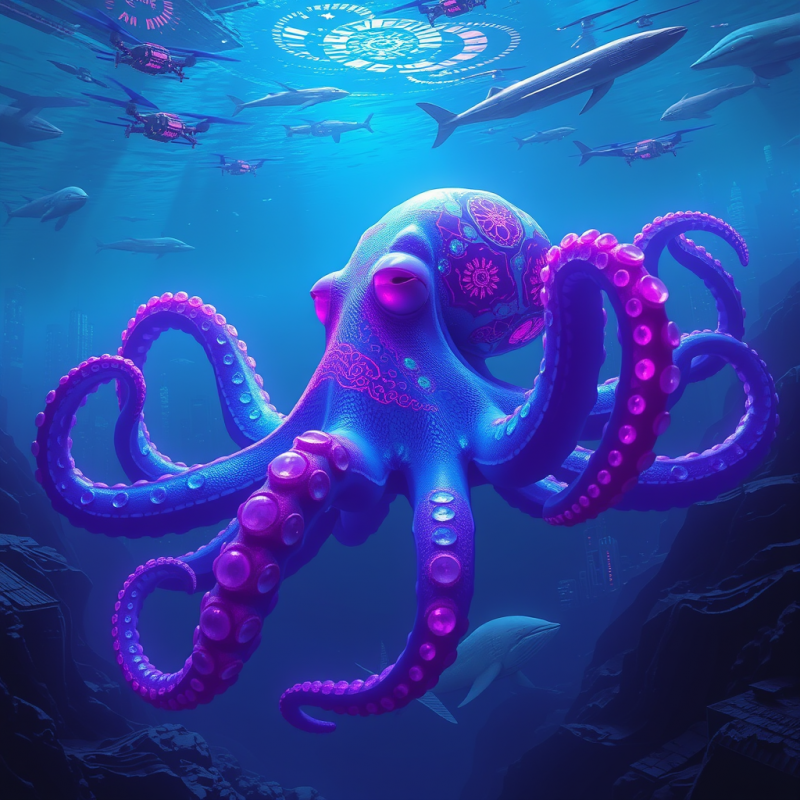 Glowing Octopus in Futuristic Ocean