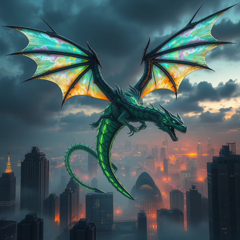 Green Dragon Soaring Over City
