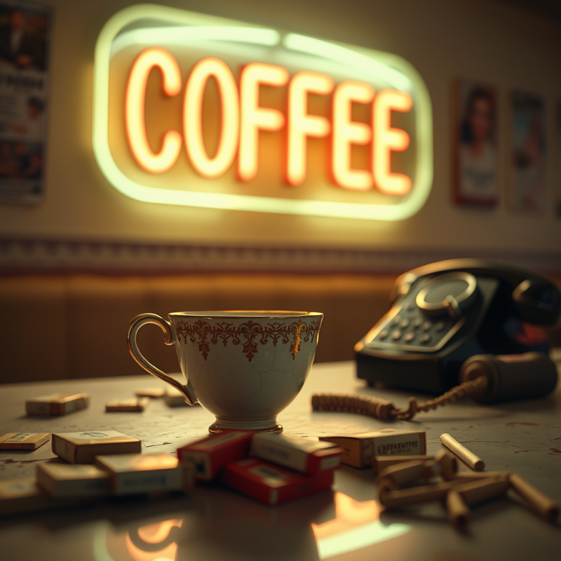Coffee Cup and Phone on Retro Counter