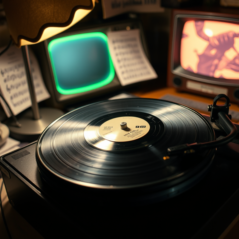 Vinyl Record on Turntable with Vintage Tvs