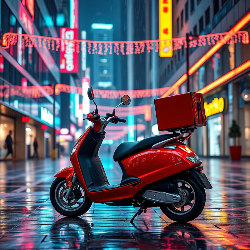 Red Delivery Scooter in Neon City