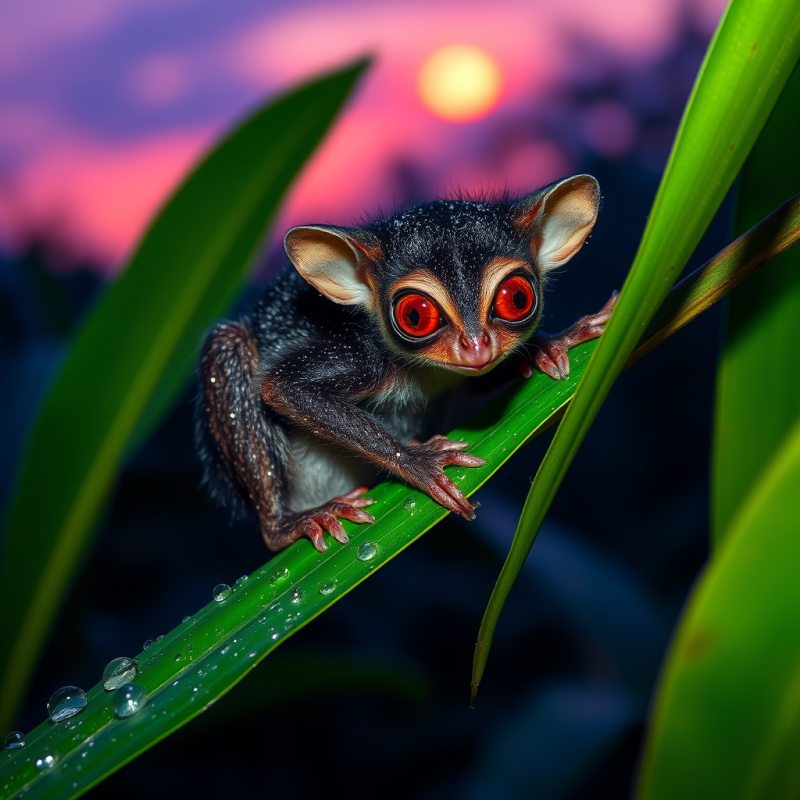 A Crimson-eyed Tarsier Perched Precariously On A Dew-dren...