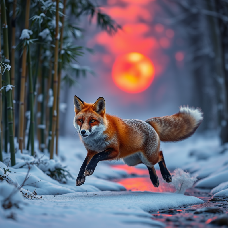 Red Fox Leaping Through Snowy Bamboo