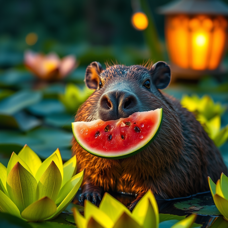 Capybara Eating Watermelon in Lotus Pond
