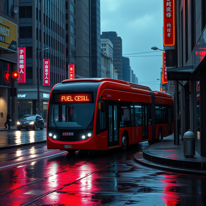 Red Bus on Rainy City Street