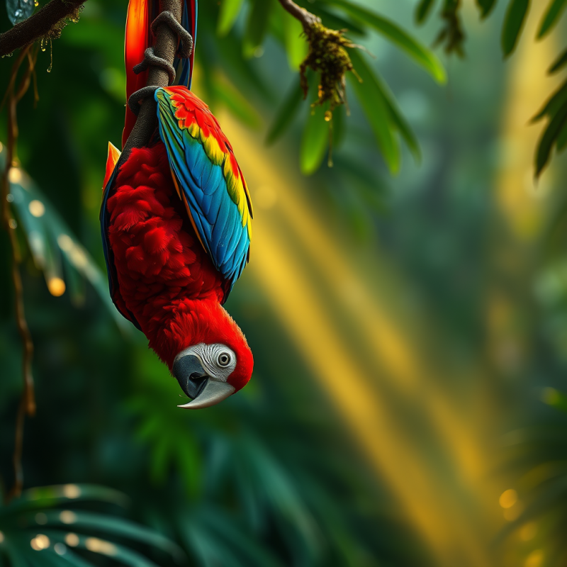 Colorful Macaw Hanging from Branch