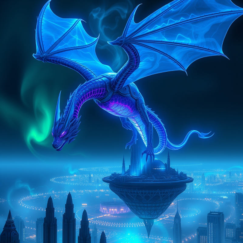 Blue Glowing Dragon Over Floating City