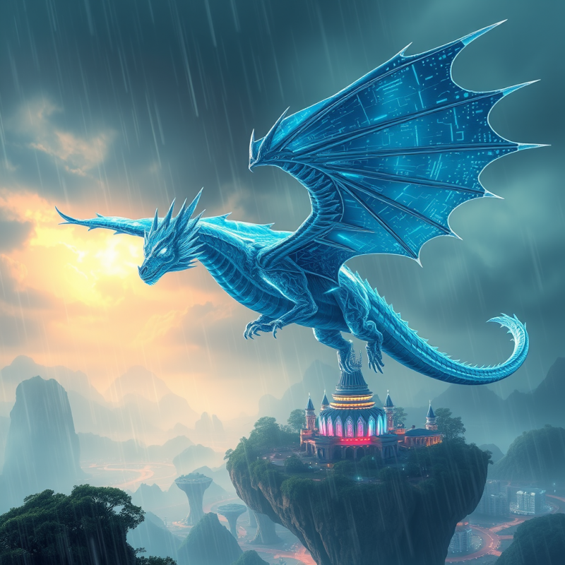 Blue Cyber Dragon Over Floating Castle