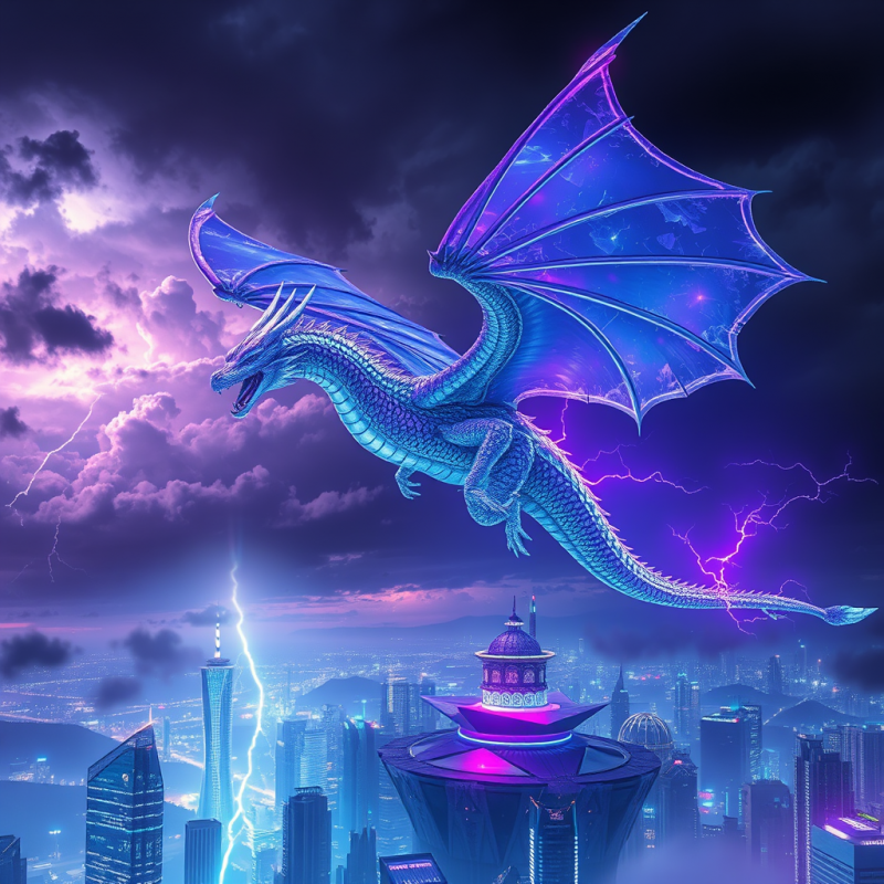 Glowing Blue Dragon Over Neon City