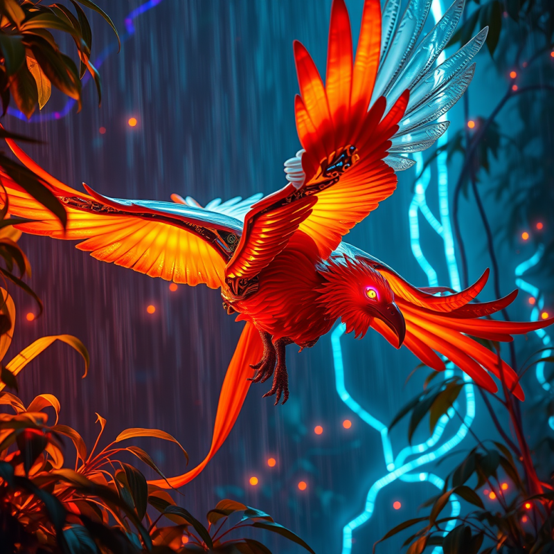 Glowing Red Phoenix in Neon Jungle