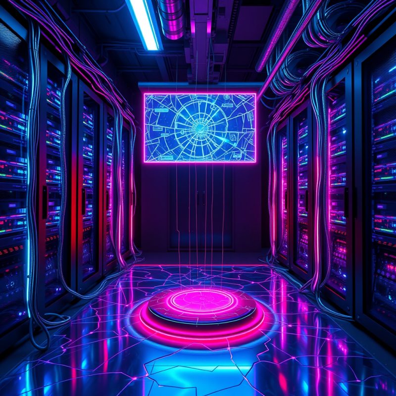 Neon Server Room with Futuristic Display