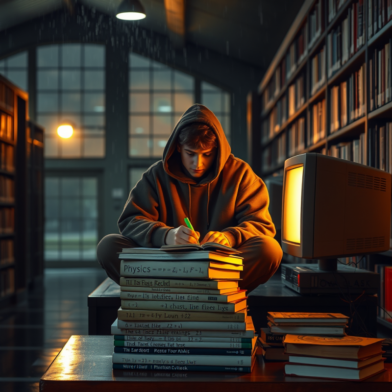 Student Studying in Rainy Library