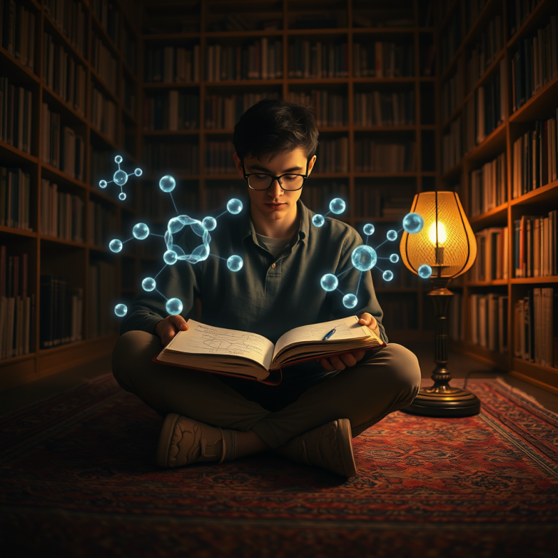 Student Reading Book with Glowing Molecules