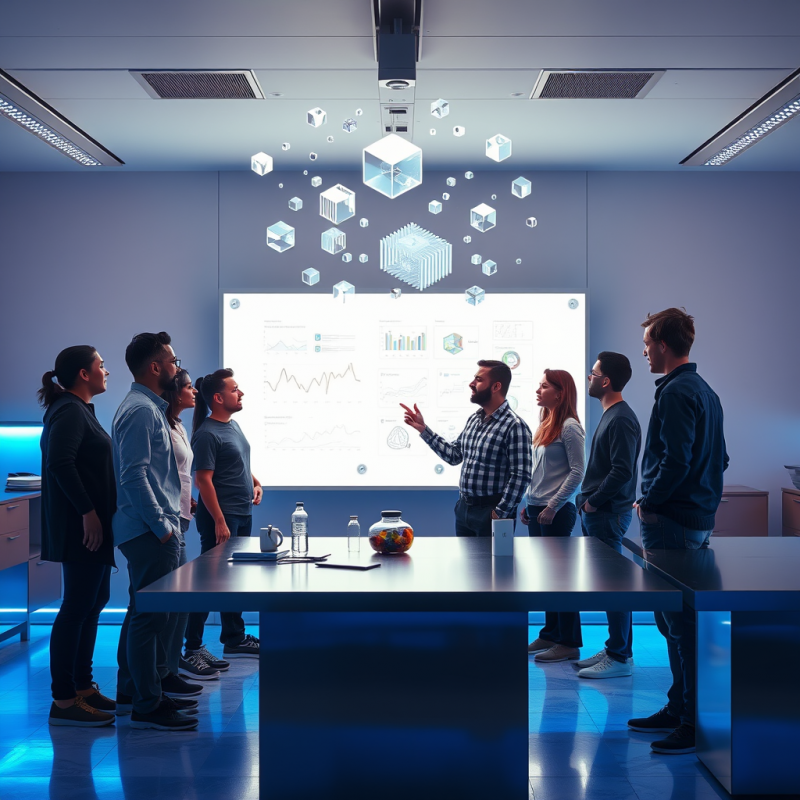 Team Reviewing Data in Futuristic Meeting Room