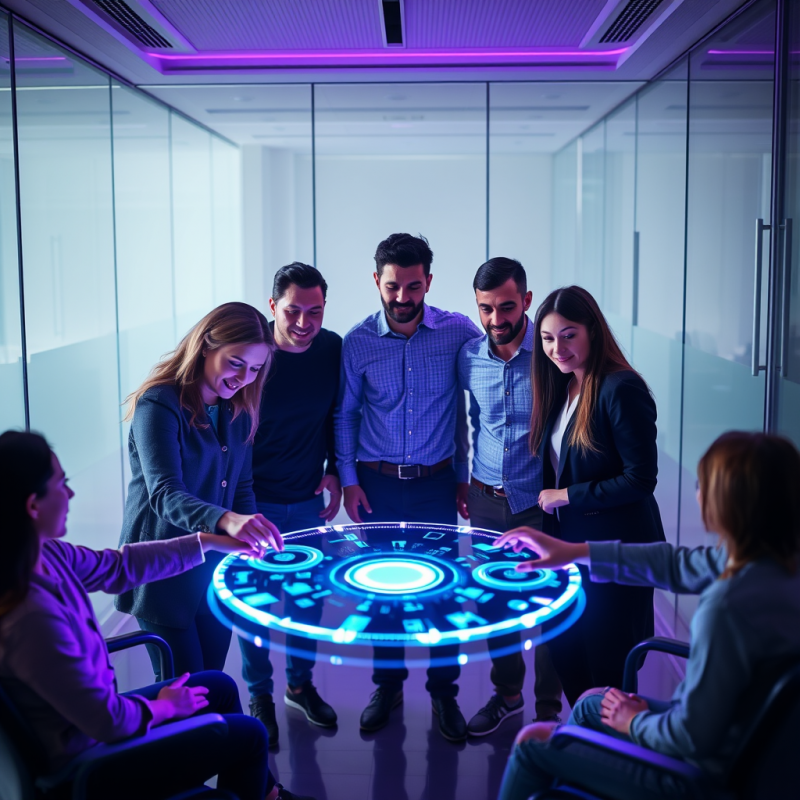 Team Collaborating on Holographic Table