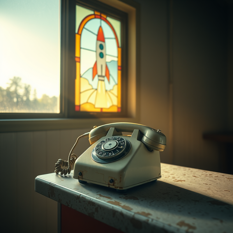 Vintage Phone with Rocket Stained Glass