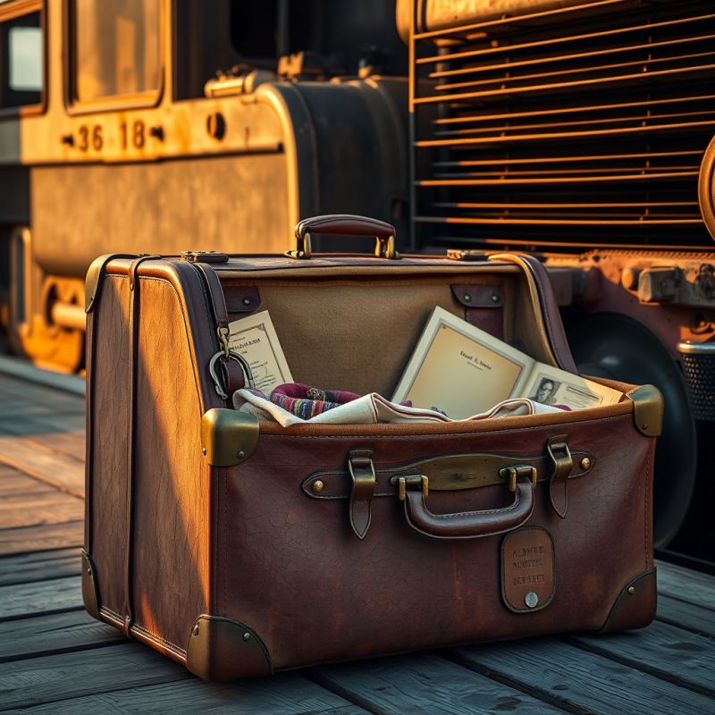 Vintage Suitcase with Documents on Train