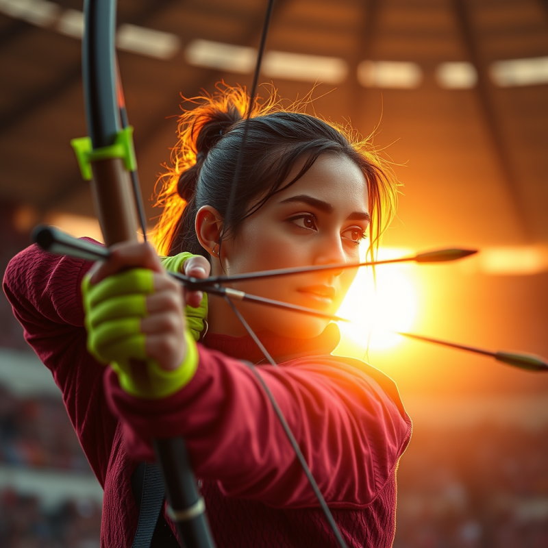 Female Archer Aiming at Sunset