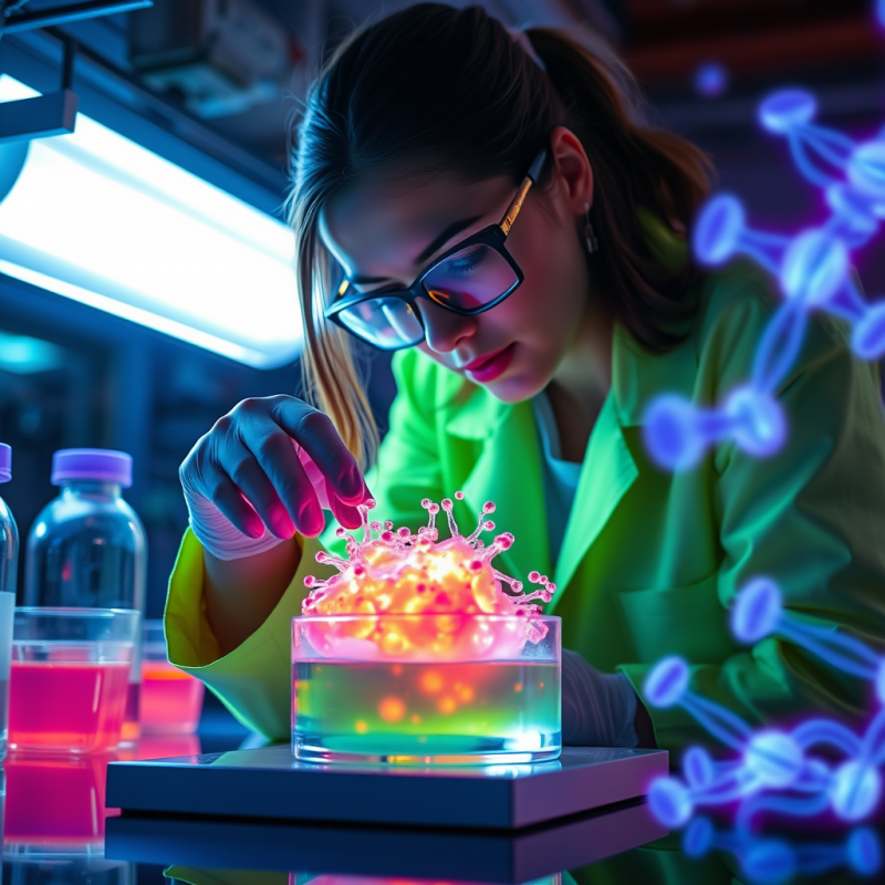 Scientist Studying Glowing Virus Sample