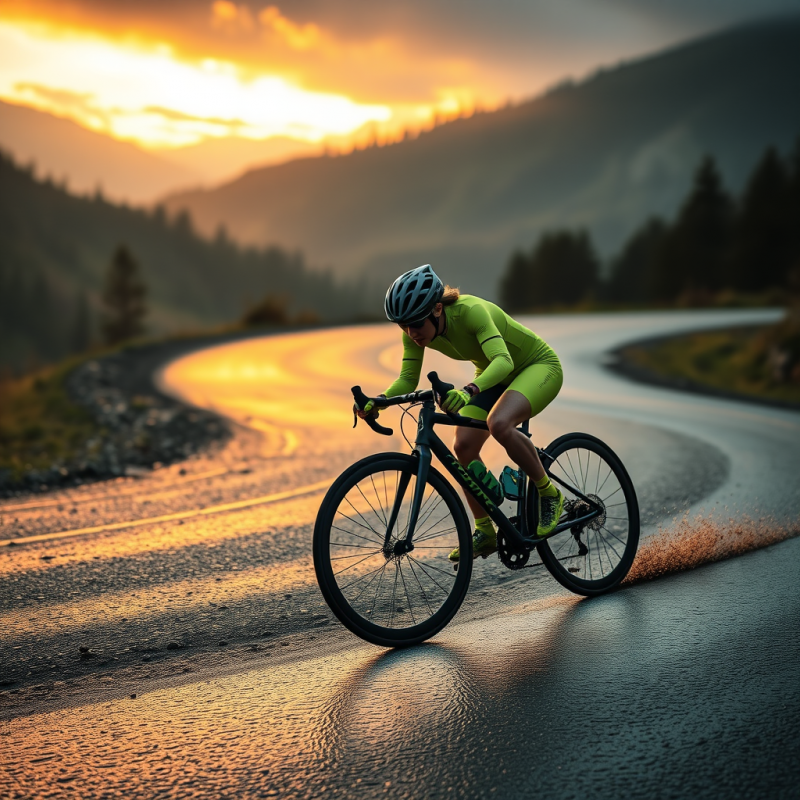 Cyclist on Curved Road at Sunset