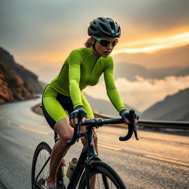 Cyclist in Lime Gear on Mountain Road