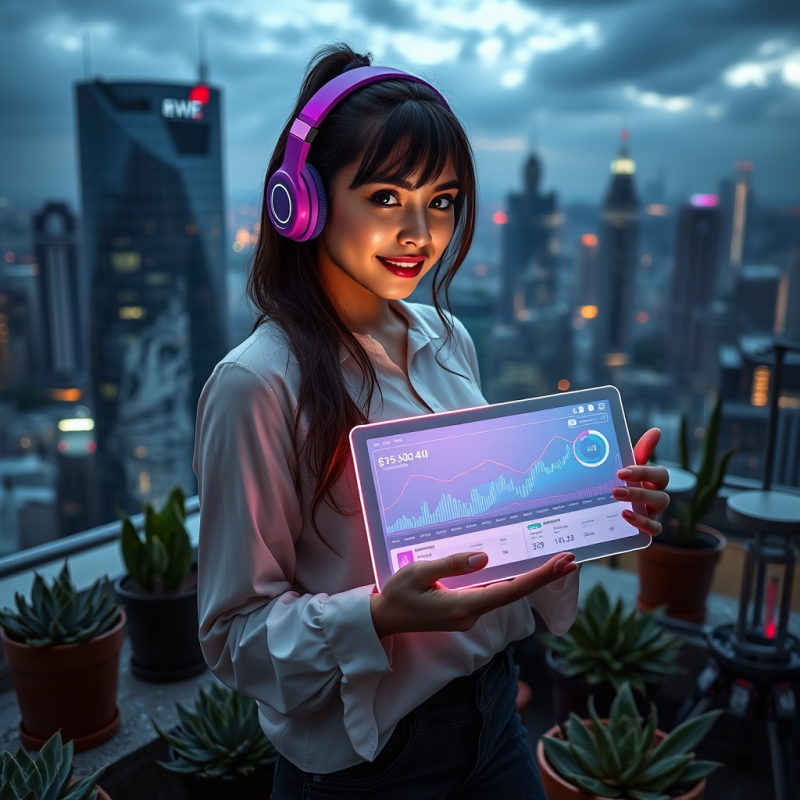 Woman with Headphones Holding Digital Tablet