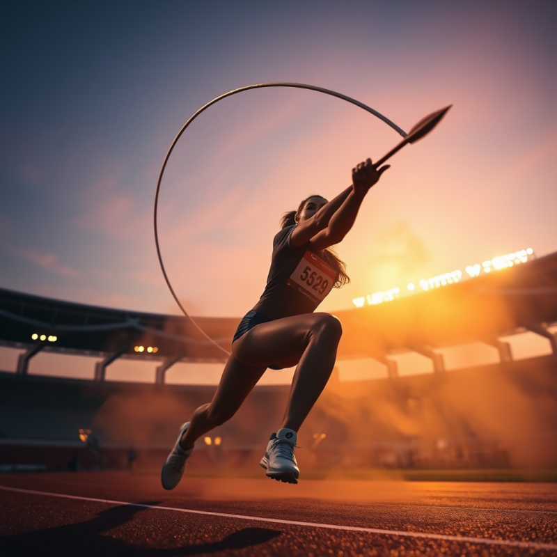 Athlete Throws Javelin at Sunset