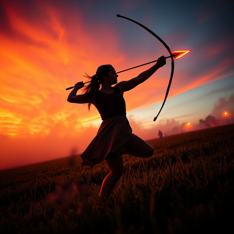 Woman Drawing Bow at Sunset
