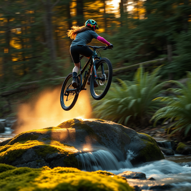 Mountain Biker Jumping Over Stream