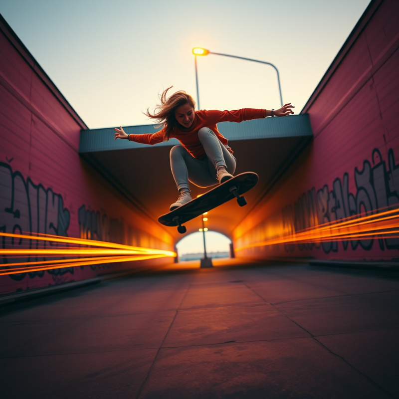 Skateboarder Aerial Trick in Tunnel
