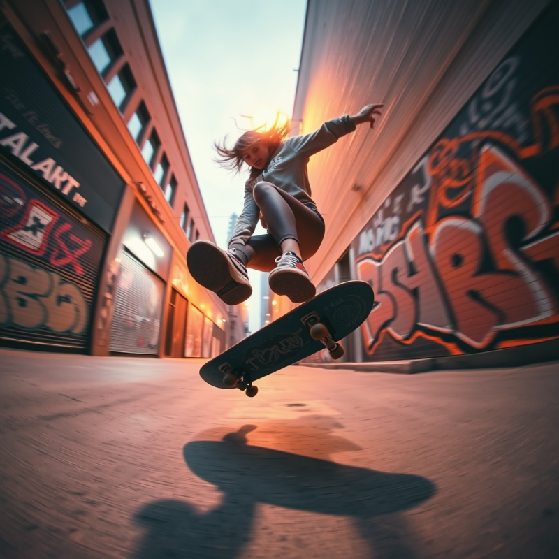 Skateboarder Mid-air Trick in Urban Alley