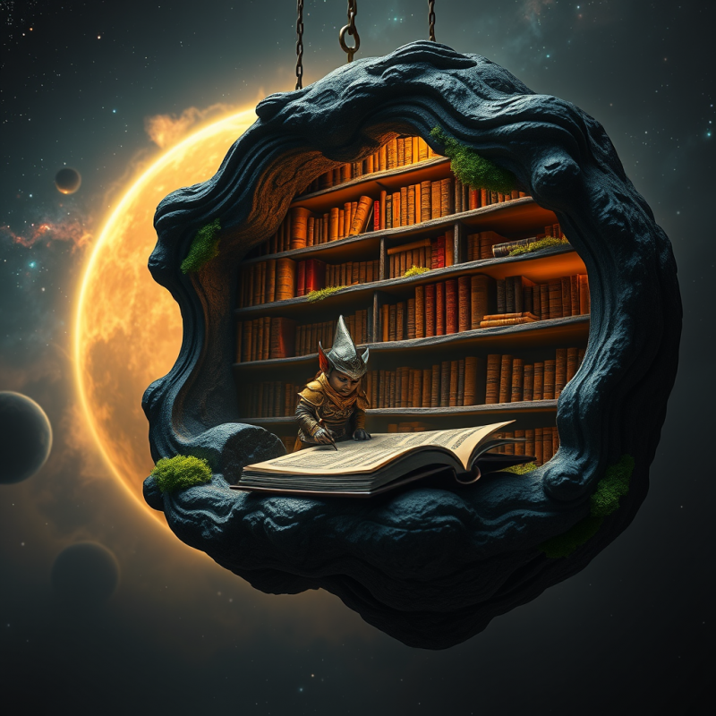 Tiny Warrior Reading in Floating Library