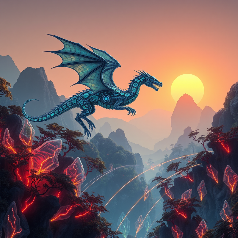 Cybernetic Dragon Soaring Over Mountain Peaks